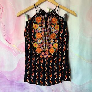 Savanna Jane S Colorful Floral Embroidered Black Top Boho Hippie Artsy Preppy